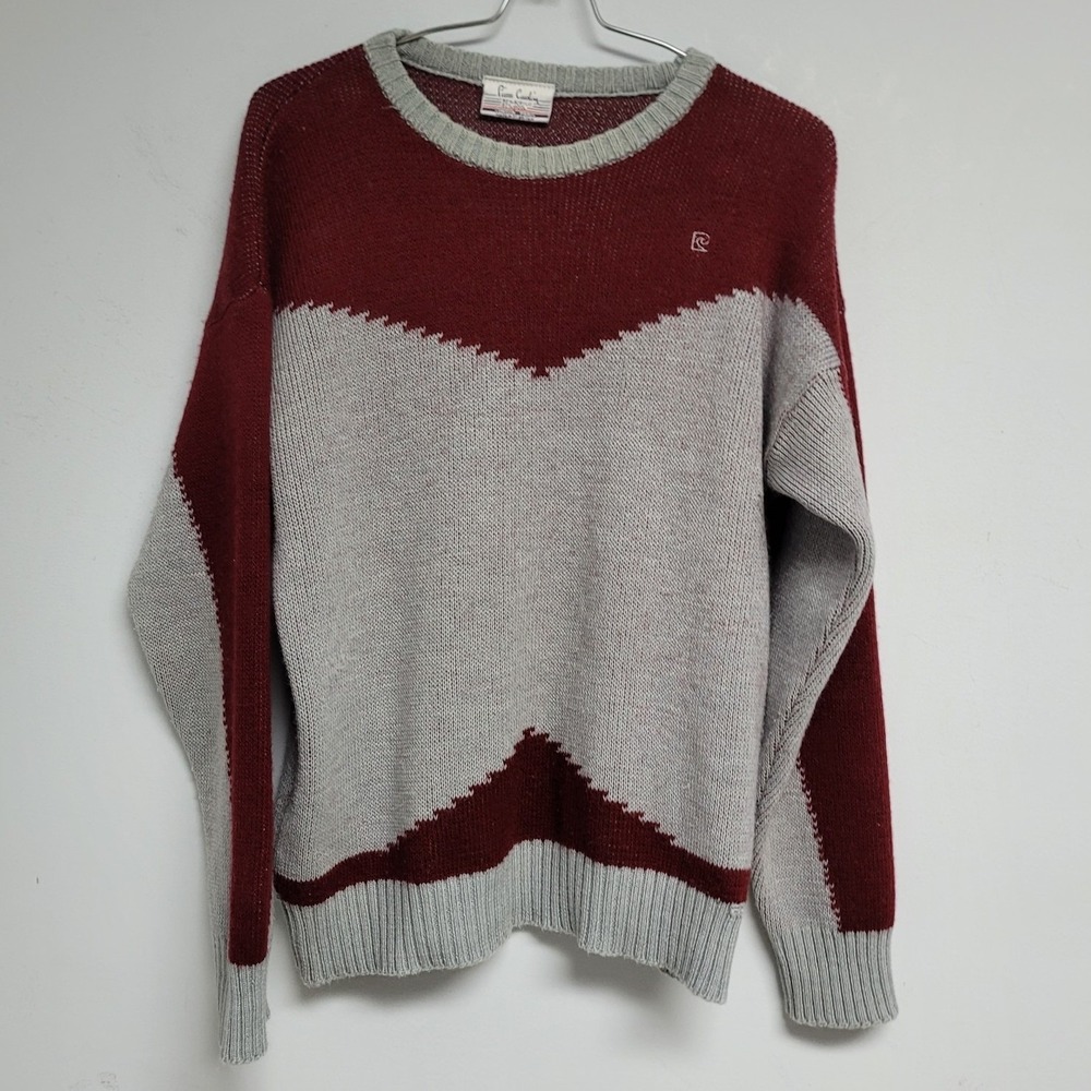 Vintage 80s Pierre Cardin Mens XL Maroon & Light Gray Wool Blend Knit Sweater